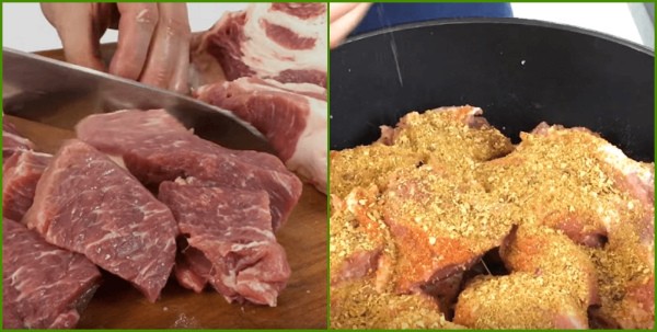 Нарезаем мясо и добавляем специи для маринования